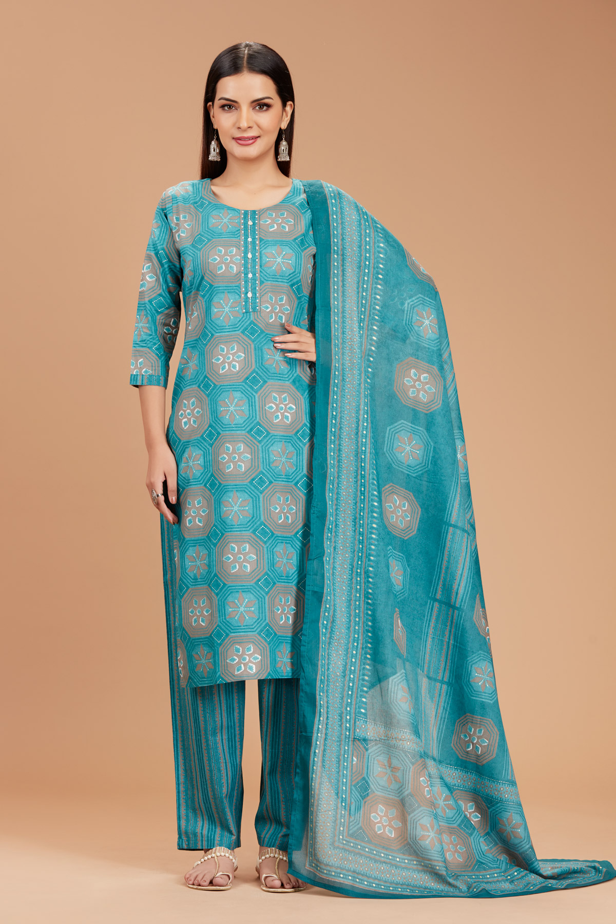 Teal Blue 3-Piece Suit Set With Dupatta